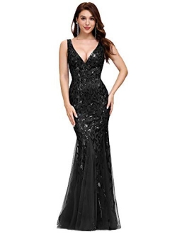 Double V-Neck Sleeveless Mermaid Dress Evening Prom Maxi Dress 7886