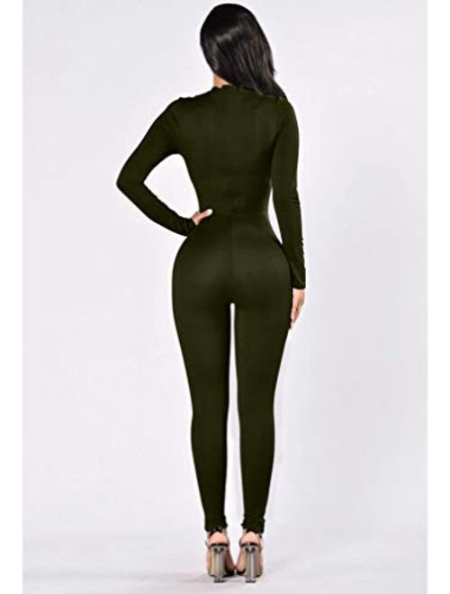 ZileZile Women's Sexy Bodycon Solid Long Sleeve High Waist Zipper Jumpsuit