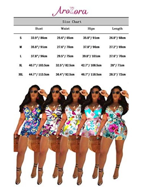 Aro Lora Women's Sexy V Neck Floral Print Romper Short Bodycon Jumpsuit with Belt