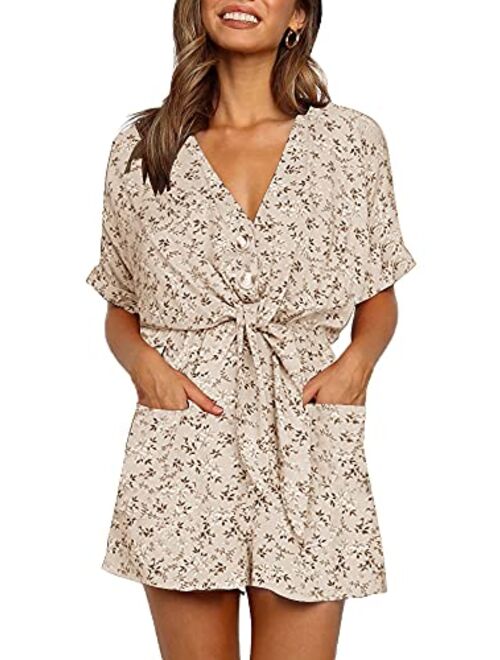 Ivay Womens V Neck Button Rompers Knot Tie Short Sleeve Sexy Loose Playsuit Jumpsuit with Pockets