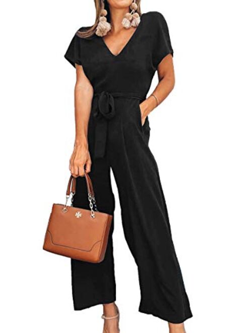 ECOWISH Women V Neck Short Sleeves Tie Waist Jumpsuits Long Wide Pants Casual Jumpsuit with Pockets