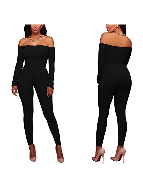 OLUOLIN Womens Sexy Off Shoulder Tights Leggings Jumpsuits - Bodycon Long Sleeve Skinny Long Pants Rompers Clubwear