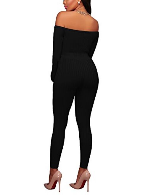 OLUOLIN Womens Sexy Off Shoulder Tights Leggings Jumpsuits - Bodycon Long Sleeve Skinny Long Pants Rompers Clubwear