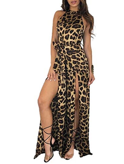 Women Sexy Mock Neck Sleeveless Leopard Print Split Jumpsuit Rompers Clubwear