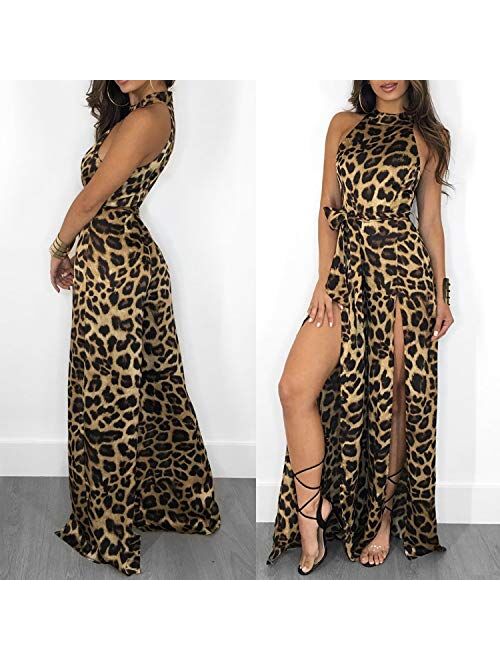 Women Sexy Mock Neck Sleeveless Leopard Print Split Jumpsuit Rompers Clubwear