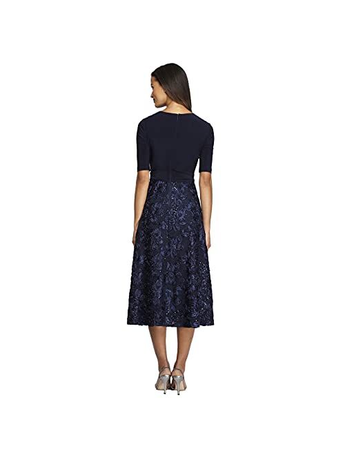Alex Evenings Women's Tea Length Dress with Rosette Detail