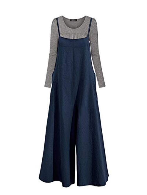 Unifizz Women Long Loose Casual Baggy Solid Color Jumpsuits Wide Leg Overalls Rompers