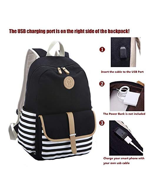 Sqodok School Backpack Canvas Bookbag 15.6" Laptop Backpack with USB Charger Port Travel Daypack