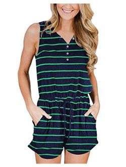 LEANI Womens Summer V Neck Button Down Short Jumpsuit Rompers with Pockets