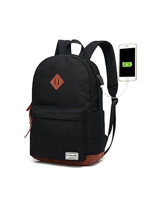 Classic College Backpack, Water-resistent Laptop Backpack with USB Charging Port & Headphone Adapter for Men & Women Slim Anti-Theft Travel Bookbags Fits up to 14'' Compu