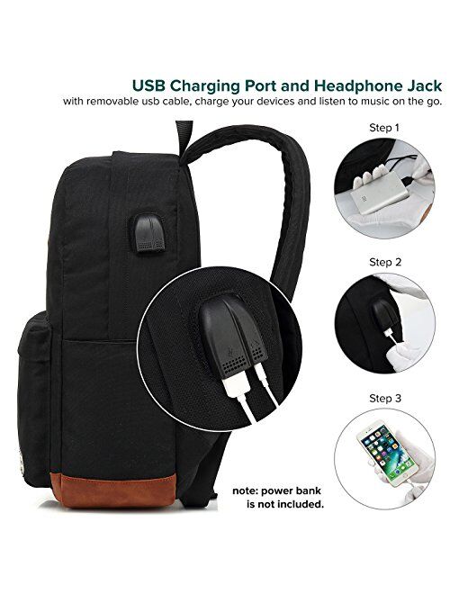 Classic College Backpack, Water-resistent Laptop Backpack with USB Charging Port & Headphone Adapter for Men & Women Slim Anti-Theft Travel Bookbags Fits up to 14'' Compu