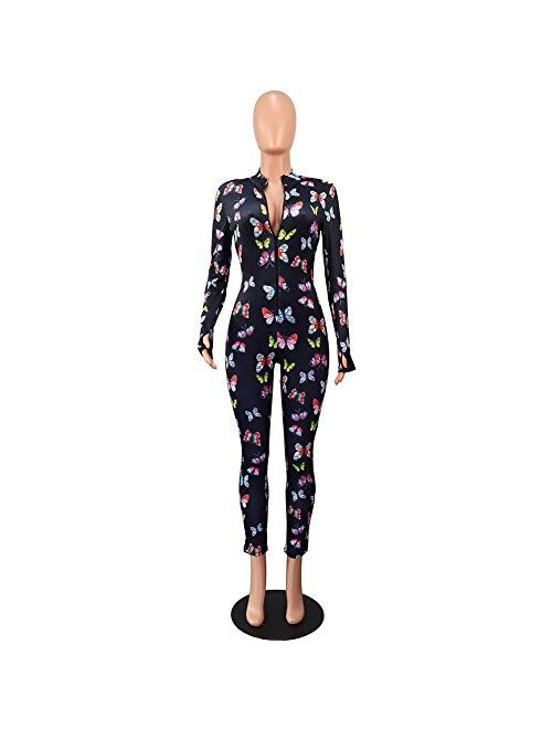Women's V Neck Long Sleeve Jumpsuit Bodycon One Piece Pajamas Bodysuit Romper Sleepwear