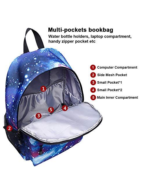 Peicees Galaxy School Backpack with USB Charging Port Waterproof Bookbag Daypack Rucksack for Teen Boys and Girls
