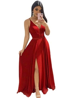 Clothfun Women's V-Neck Bridesmaid Dresses for Women Long Simple A-Line Formal Dresses with Slit Cf078