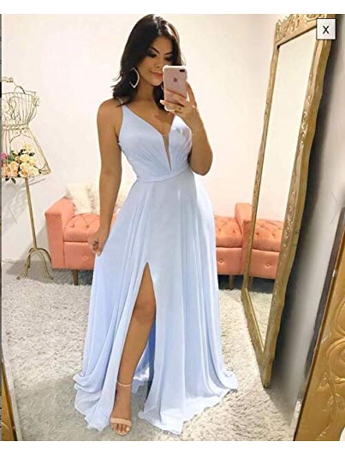 Clothfun Women's V-Neck Bridesmaid Dresses for Women Long Simple A-Line Formal Dresses with Slit Cf078