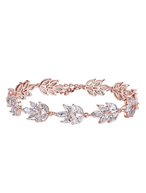 SWEETV Wedding Bridal Bracelet for Brides,Bridesmaid-Crystal Cubic Zirconia Bracelet Leaf Vine Vintage Style