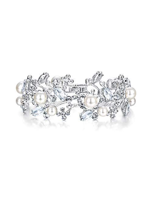 EVER FAITH Austrian Crystal White Simulated Pearl Bridal Floral Leaf Tennis Bracelet Clear