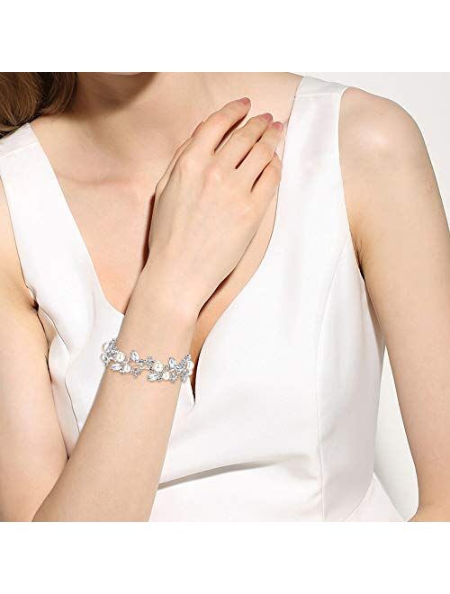 EVER FAITH Austrian Crystal White Simulated Pearl Bridal Floral Leaf Tennis Bracelet Clear