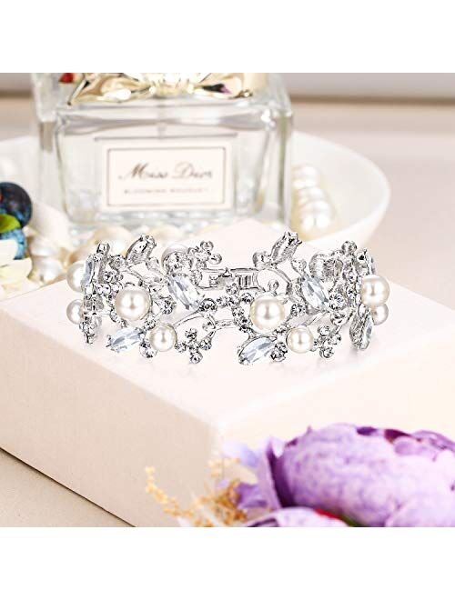 EVER FAITH Austrian Crystal White Simulated Pearl Bridal Floral Leaf Tennis Bracelet Clear