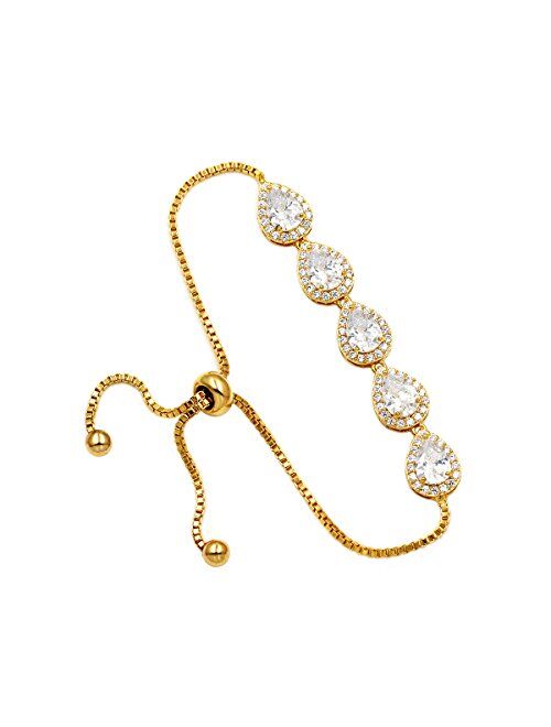 WeimanJewelry Cubic Zirconia CZ Wedding Bridal Pear Cut Adjustable Teardrop Chain Bracelet for Women Lady