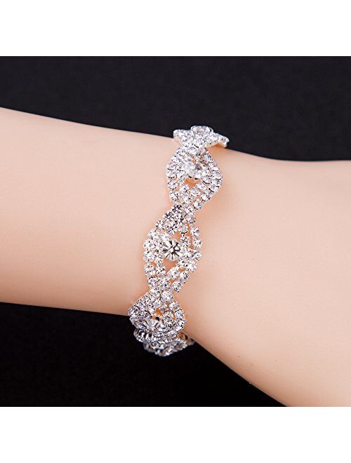 Silver Plated Crystal Rhinestone Teardrop Drop Dangle Earrings Link Bracelet Jewelry Set for Women Girls