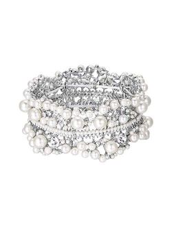 EVER FAITH Austrian Crystal Simulated Pearl Bridal Flower Stretch Bracelet Clear Silver-Tone
