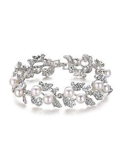 EVER FAITH Bridal Silver-Tone Simulated Pearl Flower Leaf Clear Austrian Crystal Bracelet