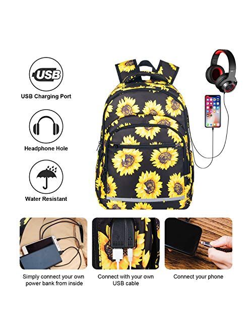 Travel Laptop Backpack, Durable Waterproof Sunflower College School Backpack with USB Charging Port for Women Girl Casual Daypack Business Computer Bag Fits 15 Inch Noteb