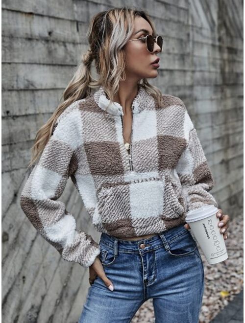 Shein Drop Shoulder Kangaroo Pocket Buffalo Plaid Teddy Pullover