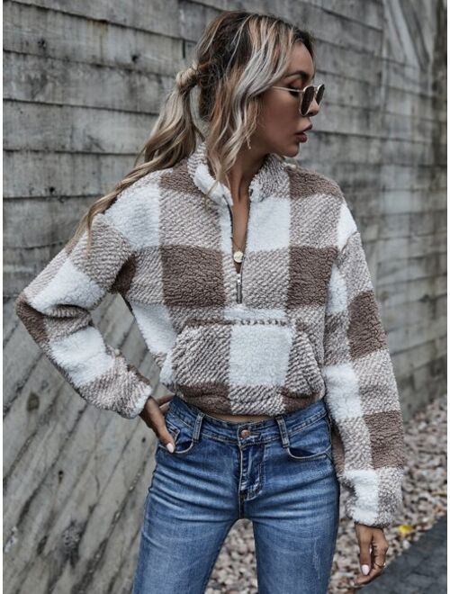 Shein Drop Shoulder Kangaroo Pocket Buffalo Plaid Teddy Pullover