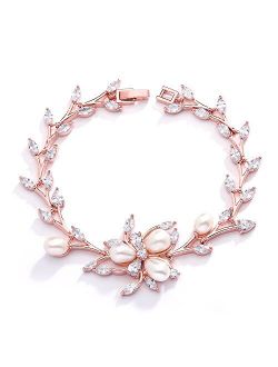 Mariell Luxury Blush Rose Gold Cubic Zirconia Crystal & Genuine Freshwater Pearl Wedding Bridal Bracelet