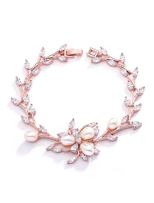 Mariell Luxury Blush Rose Gold Cubic Zirconia Crystal & Genuine Freshwater Pearl Wedding Bridal Bracelet
