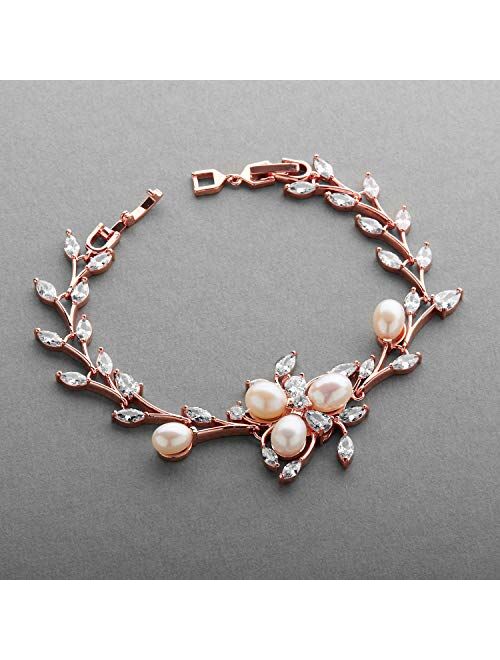 Mariell Luxury Blush Rose Gold Cubic Zirconia Crystal & Genuine Freshwater Pearl Wedding Bridal Bracelet