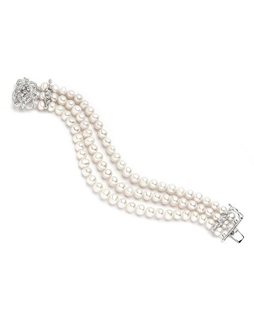 Mariell Genuine Freshwater Pearl 3-Strand Bridal Bracelet - Luxe 3-Row Pearl Bracelet with CZ Clasp
