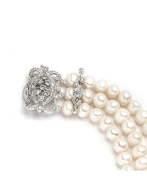 Mariell Genuine Freshwater Pearl 3-Strand Bridal Bracelet - Luxe 3-Row Pearl Bracelet with CZ Clasp