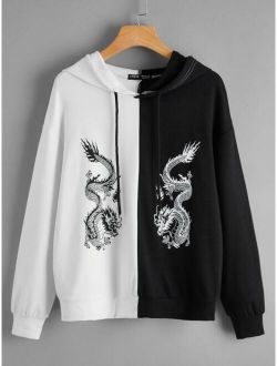 Chinese Dragon Graphic Drawstring Spliced Hoodie