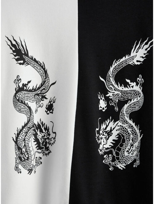 Shein Chinese Dragon Graphic Drawstring Spliced Hoodie
