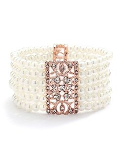 Mariell Rose Gold Vintage Ivory Glass Pearl & Crystal Stretch Bracelet - 6-Row Art Deco Bridal Jewelry