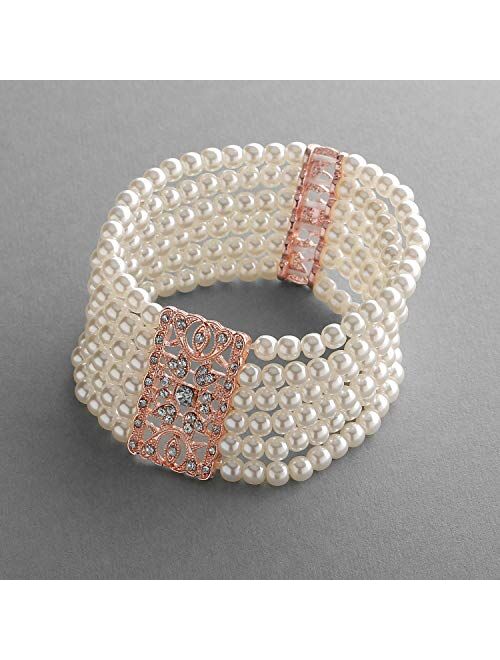 Mariell Rose Gold Vintage Ivory Glass Pearl & Crystal Stretch Bracelet - 6-Row Art Deco Bridal Jewelry