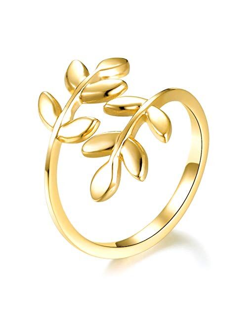 ELBLUVF 18k Stainless Steel Silver Rose Gold Plated Leaves Leaf Laurel Adjustable Branch Ring Jewelry