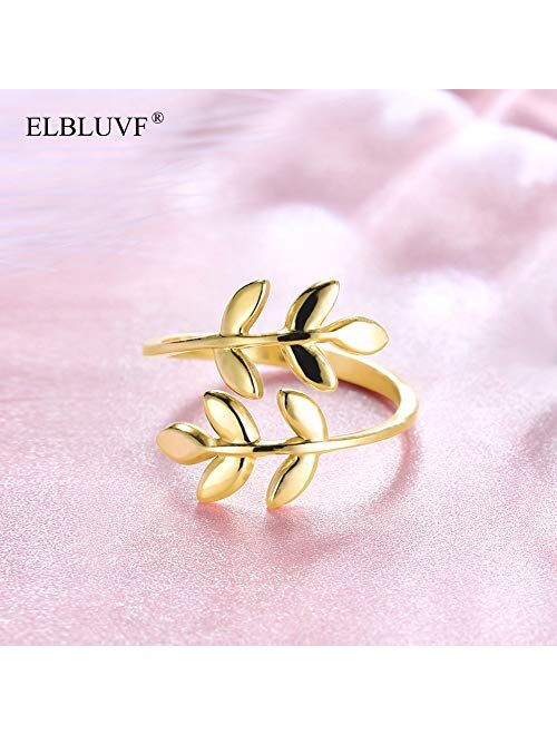 ELBLUVF 18k Stainless Steel Silver Rose Gold Plated Leaves Leaf Laurel Adjustable Branch Ring Jewelry