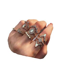 CSIYAN 9-15 Pieces Stackable Knuckle Ring Set,Boho Vintage Crystal Stacking Midi Finger Rings for Women Teen Girls Fashion Multiple Rings Pack Size 5-10