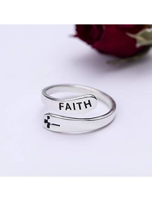 Faith Cross Sterling Silver Open Statement Rings Adjustable Minimalist Eternity Wedding Band Fashion Ring for Women Girls Men