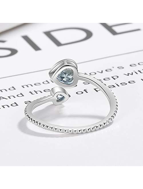Step Forward Girls Ring 925 Sterling Silver Birthstone Rings for Women Adjustable Open Heart Stones Constellation Month Ring Birthday and Valentine Gift Jewelry for Woman