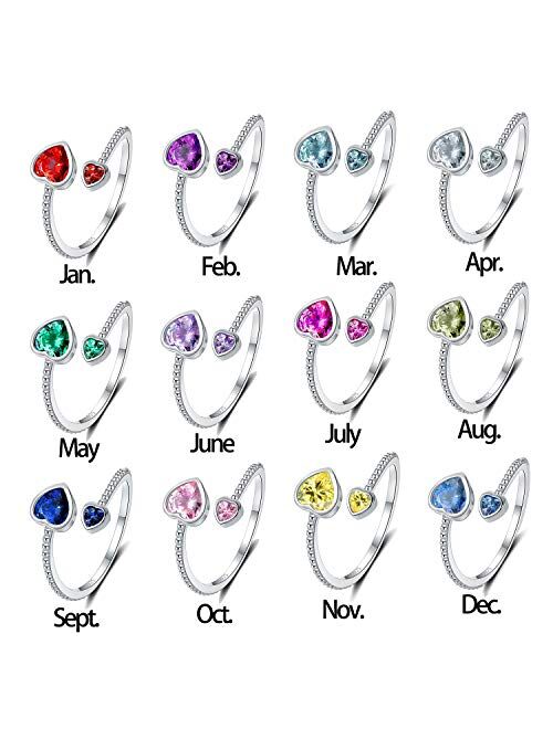 Step Forward Girls Ring 925 Sterling Silver Birthstone Rings for Women Adjustable Open Heart Stones Constellation Month Ring Birthday and Valentine Gift Jewelry for Woman
