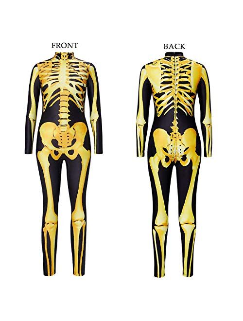 AIDEAONE Women Halloween Cosplay Costumes Funny Skeleton Bodysuit 3D Stretch Skinny Jumpsuit One Piece Outfit Catsuit