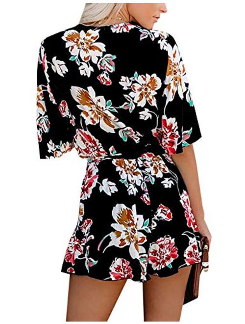AIMCOO Women's Summer Deep V-Neck Floral Print Romper Ruffle Hem Half Flared Sleeve Jumpsuits Waist Tie Casual Short Rompers