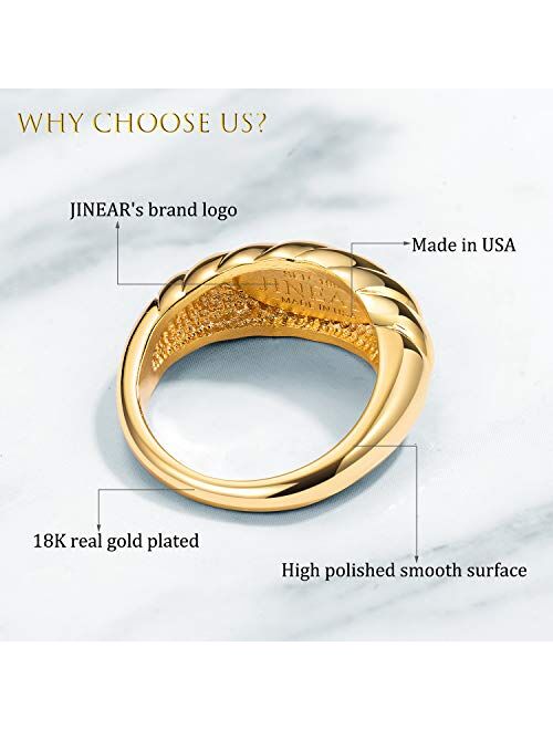 JINEAR 18k Gold Plated Croissant Braided Twisted Signet Chunky Dome Ring Stacking Band for Women Jewelry Minimalist Statement Ring Size 5 to 10