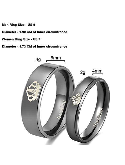 Yellow Chimes His or Hers Matching Set His Queen Her King Titanium Stainless Steel Couple Bracelet Rings for Girls & Boys (2 Pcs) (Black & Black Couple Rings)