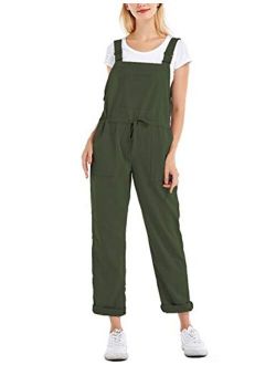 Tanming Women's Casual Cotton Linen Adjustable Strap Drawstring Overalls Jumpsuits